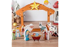 Karenhi 12 Pcs Wooden Nativity Set for Kids Mini People Scene Set Jesus Table Wood Play Set Christmas Story Decoration Xmas Holiday Manger for Indoor Outdoor Home Display Tabletop(Cute)