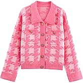 HOULENGS Women's Casual Plaid Cropped Cardigan Sweater Long Sleeve Button Down Lapel Knit Sweater Coats with Pockets