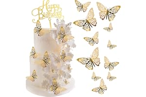 Mvwarj 24Pcs 3D Gold Butterfly Cake Decorations with 1 Pcs Happy Birthday Sign for Party Bouquet Food Cake Decoration