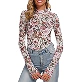 Womens Floral Mesh Long Sleeve Tops Mock Neck Sheer Lace Undershirt with Thumb Hole 2025 Trendy Shirts