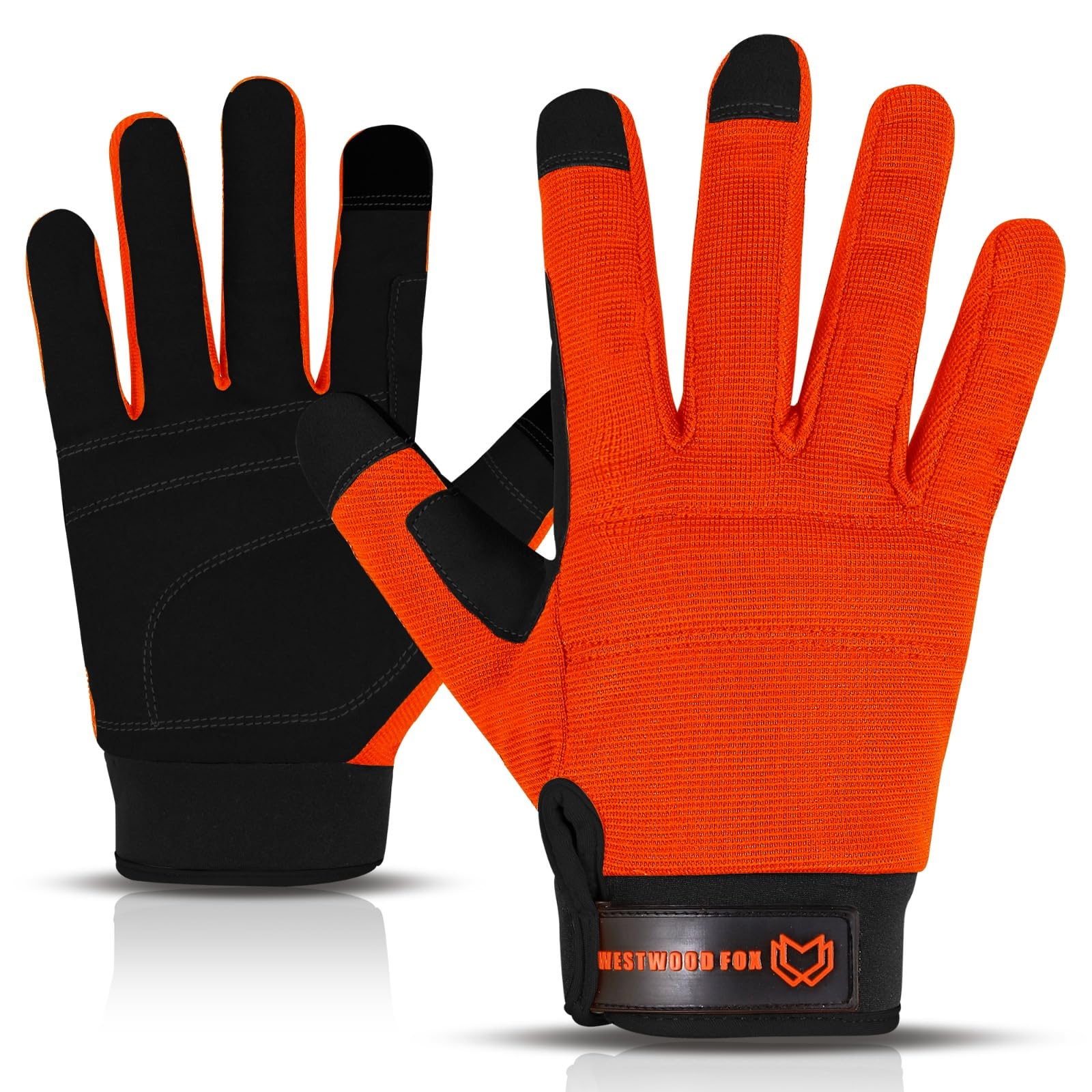 WESTWOOD FOX Safety Work Gloves Heavy Duty Gardening Gloves for Men Thorn Proof Padded Palm Protection Touch Screen Breathable Builder Mechanic Working Multi-Functional (Orange, Small)