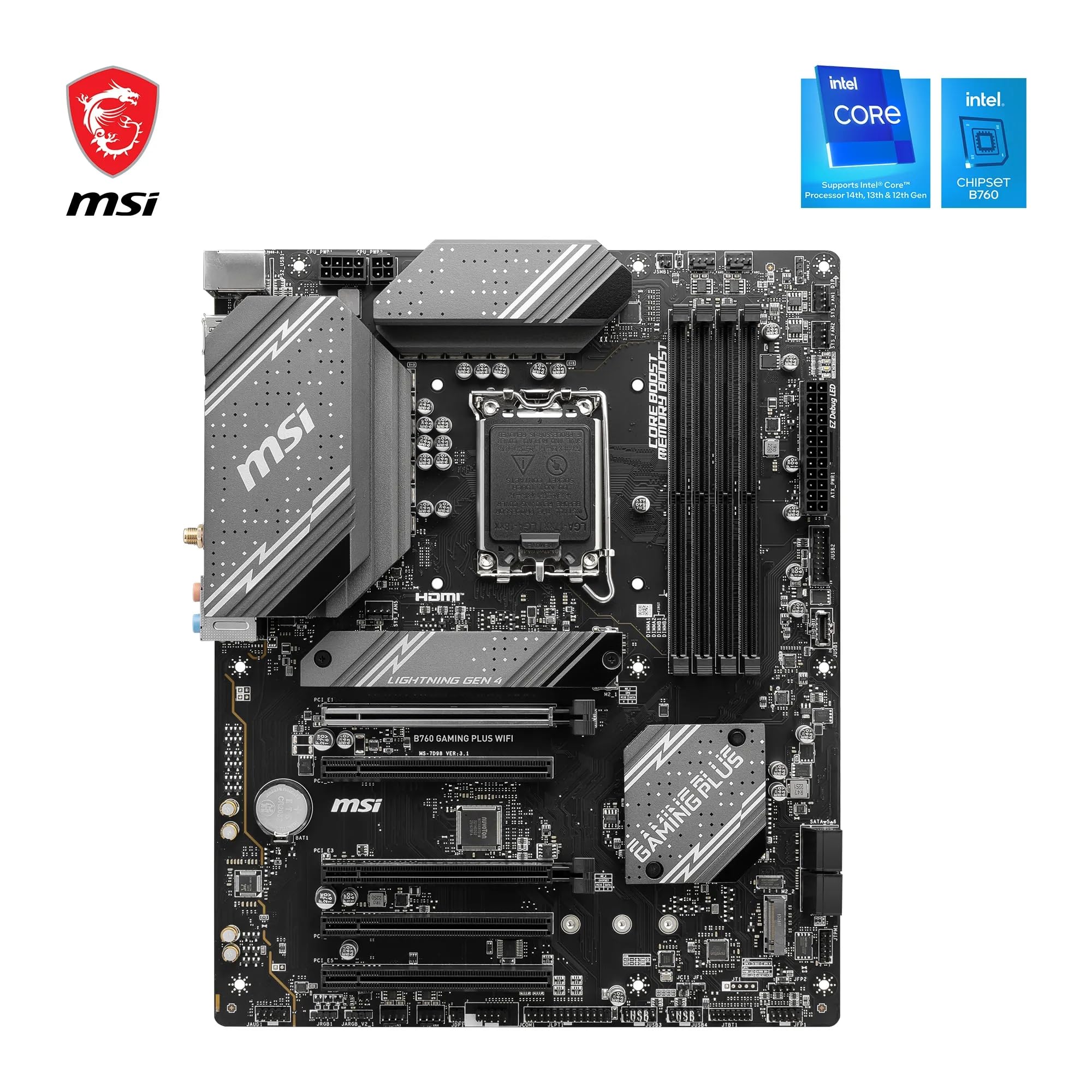 msi B760 Gaming Plus WiFi V1 Motherboard, ATX - Supports Intel 14th, 13th & 12th Gen Core Processors, LGA 1700 - DDR5 Memory Boost 6800+MHz/OC, 2 x PCIe 4.0 x16, 2 x M.2 Gen4, 2.5G LAN, Wi-Fi 6E