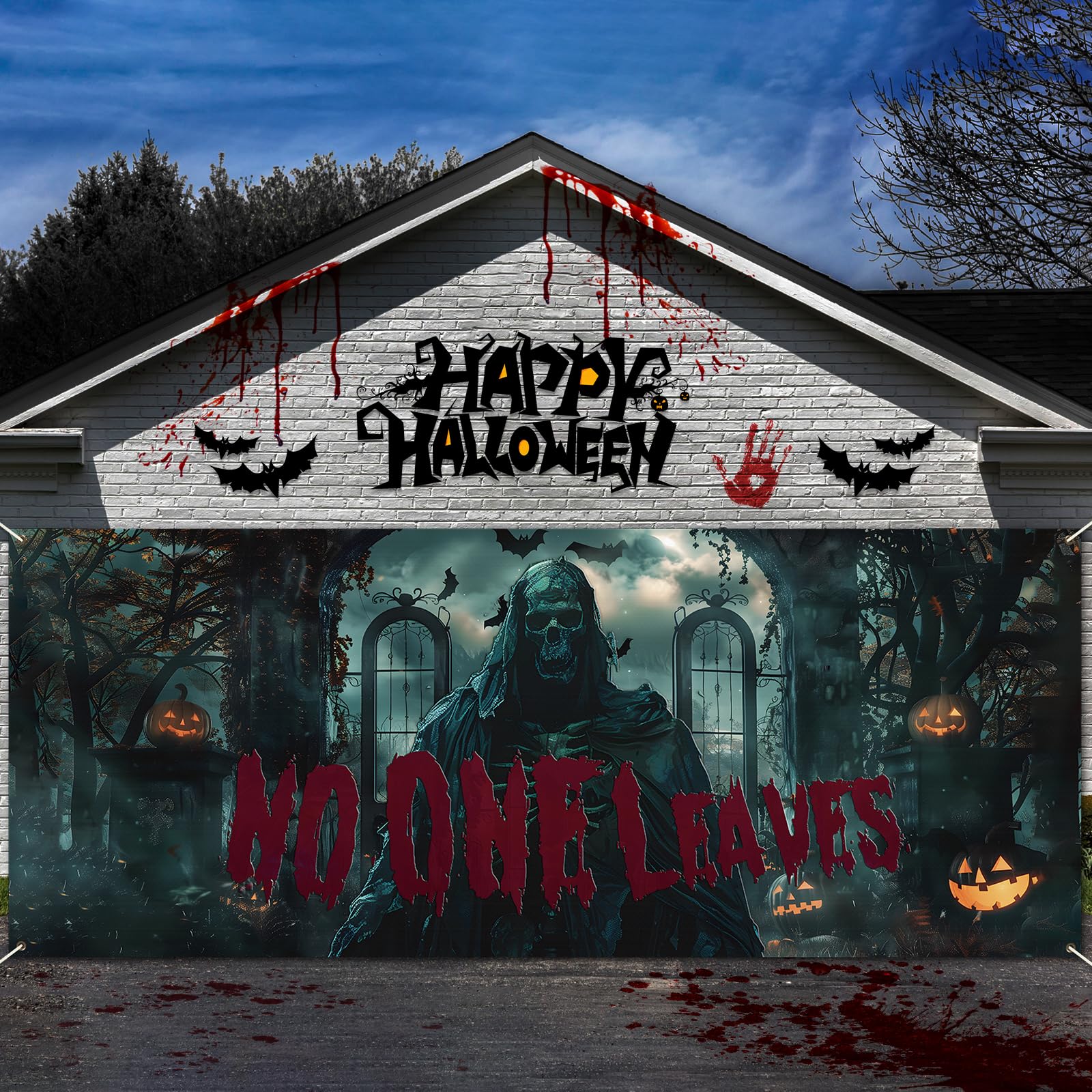 Photo 1 of gisgfim Halloween Garage Door Decorations 7x16ft Skull Ghosts Halloween Garage Door Cover Banner Ghost Boo Halloween Backdrops Spooky Skull Hanging Door Poster Sign Outdoor Party Photography Backdrop