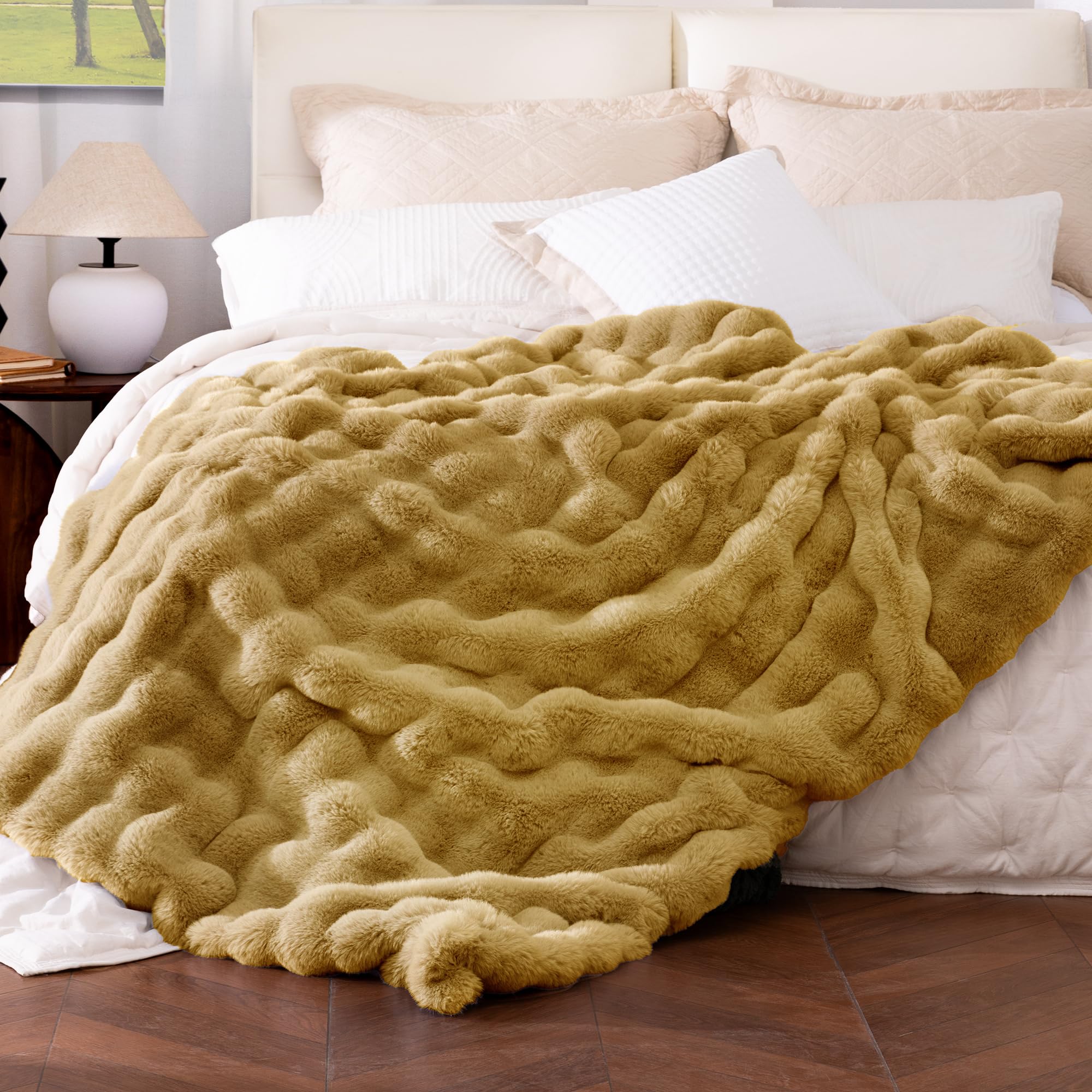 Photo 1 of Ultra Soft Cozy Faux Fur Throw Blanket, Fuzzy Plush Thick Bubble Blanket, Oversize Luxury Fluffy Blanket for Couch, Bed, and Living Room, 60x80 Inches, Dark Yellow
