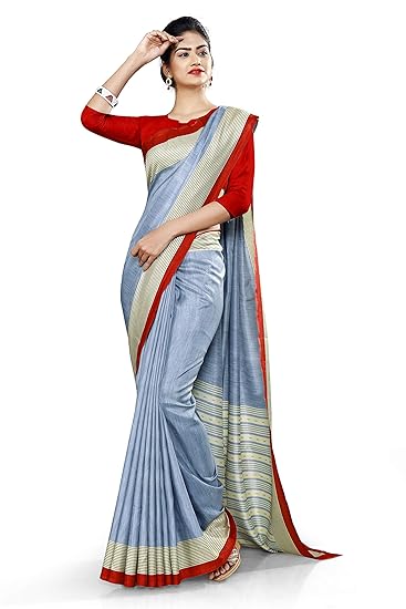 Uniform Sarees Corp Womens Plain Border Polycotton CotFeel Workers Uniform Saree With Blouse (Gray;Red)