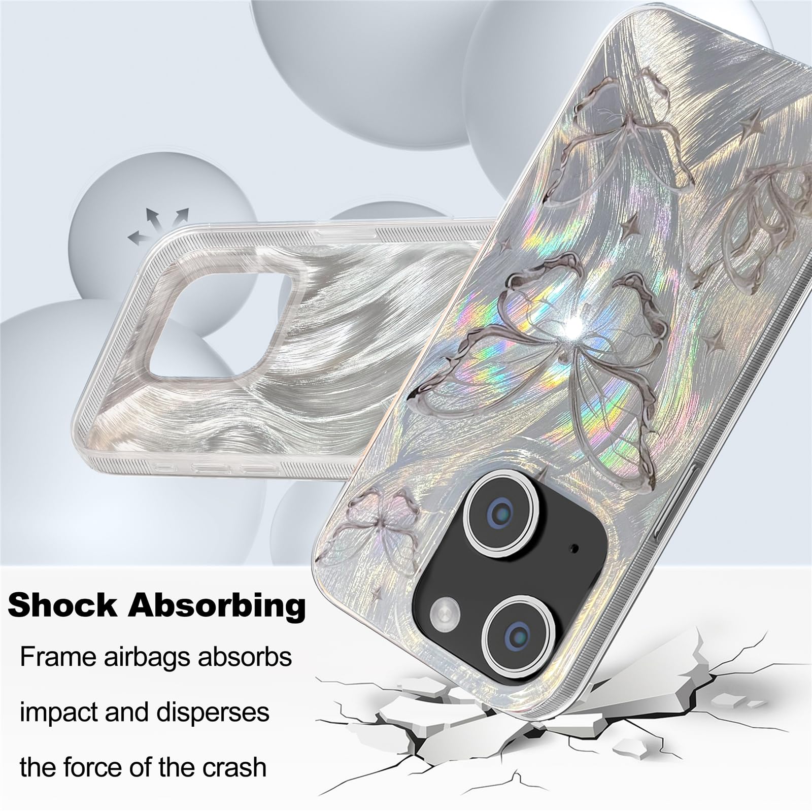 I-MGAE-IN-AR for iPhone 13 Case & iPhone 14 Case Shiny Silver Butterfly Design,Trendy Cute Soft Slim Shockproof TPU Protective Phone Cases Cover for Women Girls Aesthetic Glitter,iPhone 14/13 6.1