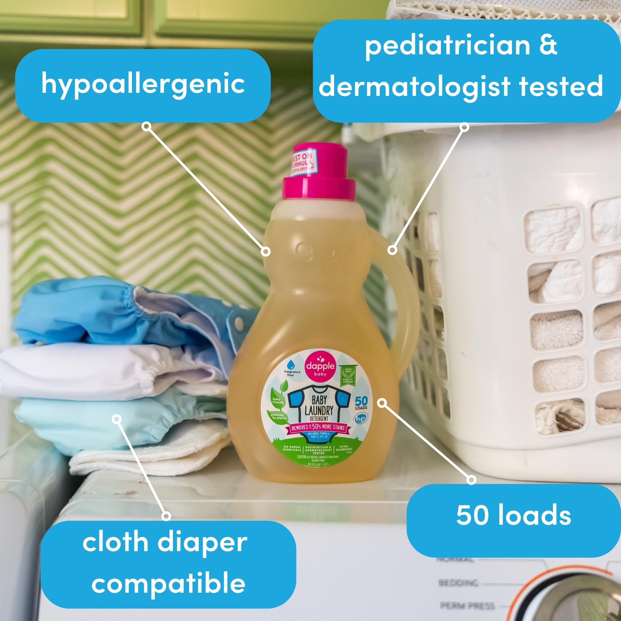 Baby Laundry Detergent by Dapple Baby, Concentrated & Hypoallergenic, Powered by Plants, Stain Removing Natural Ingredients, Fragrance Free, 50 Fl Oz (Pack of 2)