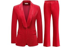 Lamgool Women Pantsuit Dressy Silver Thread Velvet 2 Piece Suit Set Blazer and Flared Pants