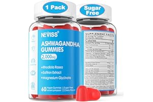 NEVISS Sugar Free Ashwagandha Gummies - with Magnesium Glycinate, Rhodiola Rosea, Zinc, Lemon Balm, B6 - Relaxation Support, Natural Zzz, Stamina, Energy for Men Women - 60 Counts