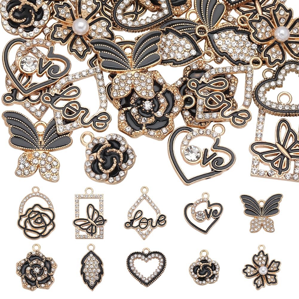 SUNNYCLUE 1 Box 40Pcs 10 Styles Valentines Day Rhinestones Charms Love Charm Bulk Heart Flower Butterfly Leaf Hollow Black Gold Charm for Jewellery Making Charms DIY Necklace Bracelet Earrings