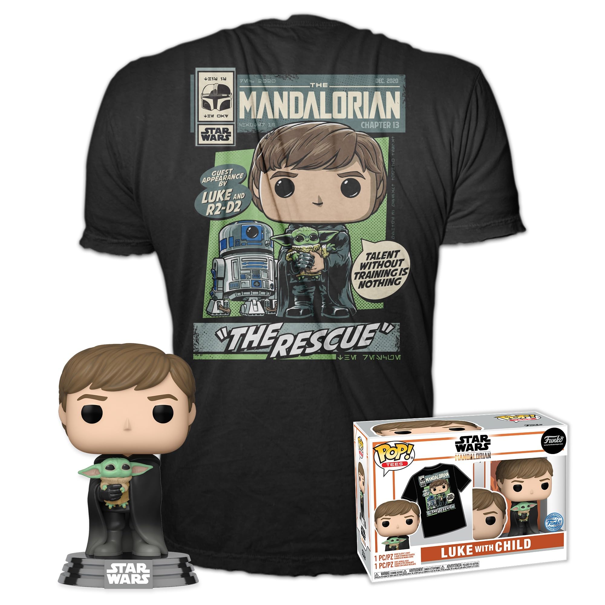 Funko Pop! & Tee: Star Wars: The Mandalorian - Luke with Grogu with Grogu (The Child, Baby Yoda) - Medium - T-Shirt - Clothing with Vinyl Collectible Figure - Gift Idea - Toy and Short Sleeve Top