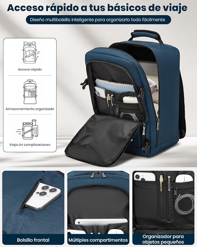 Mochila de viagem 40x20x25, uma mochila de cabine masculina que serve como bagagem de mão, com abertura de 180°, alça de bagagem e traseira respirável (azul) — foto 3 de 7