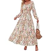 BTFBM Long Sleeve Dress for Women 2026 Spring Fall Boho Floral Square Neck Casual Flowy Long Wedding Guest Maxi Dresses