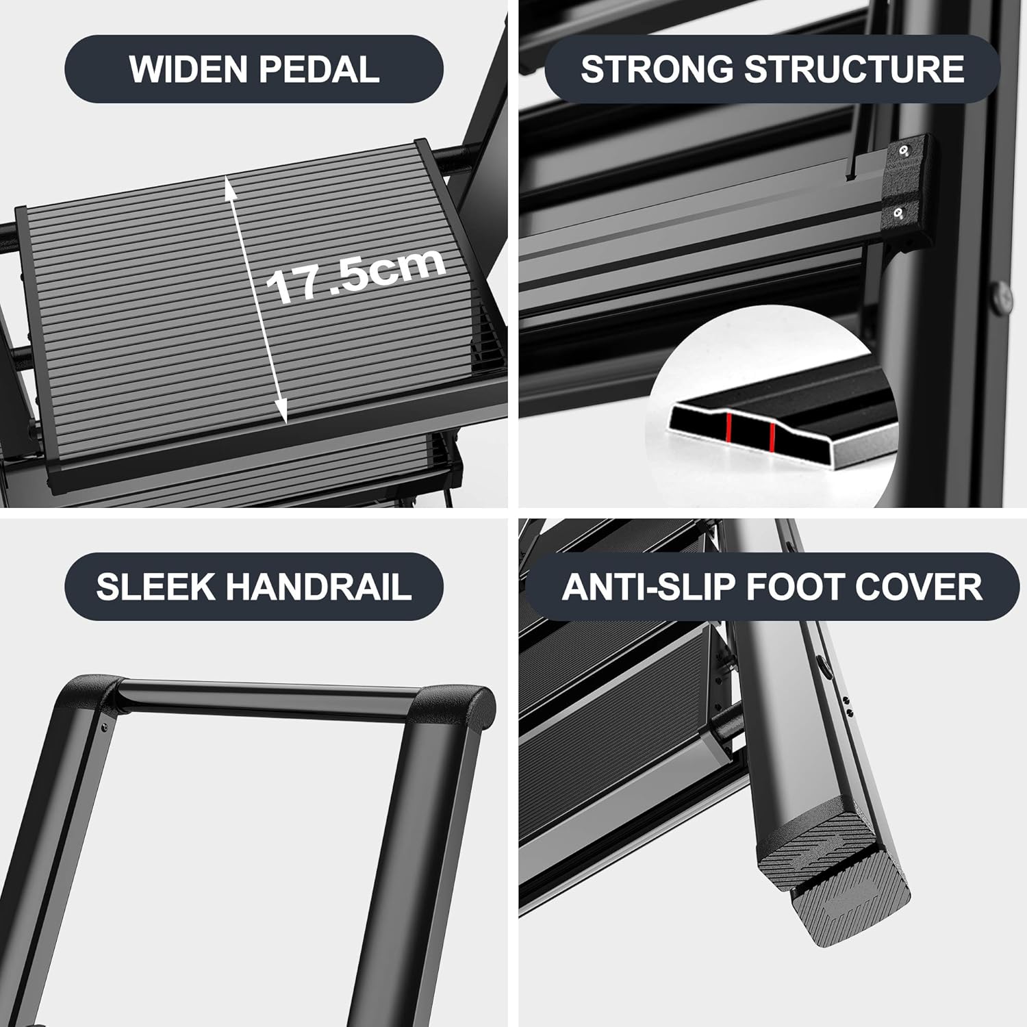 4 Steps Lightweight Aluminum Ladder Folding Step Stool Stepladders with Anti-Slip and Wide Pedal for Home and Kitchen Use Space Saving (Black): Kitchen & Dining