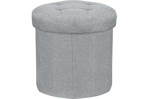 FaiPue Storage Ottoman Round. Linen Footstool Ottoman with Storage Bench with Thicker Foam Padded Seat. Folding Foot Rest Small Ottoman for Living Room, Bedroom, Home Office. 14x14x13in, Light Gray
