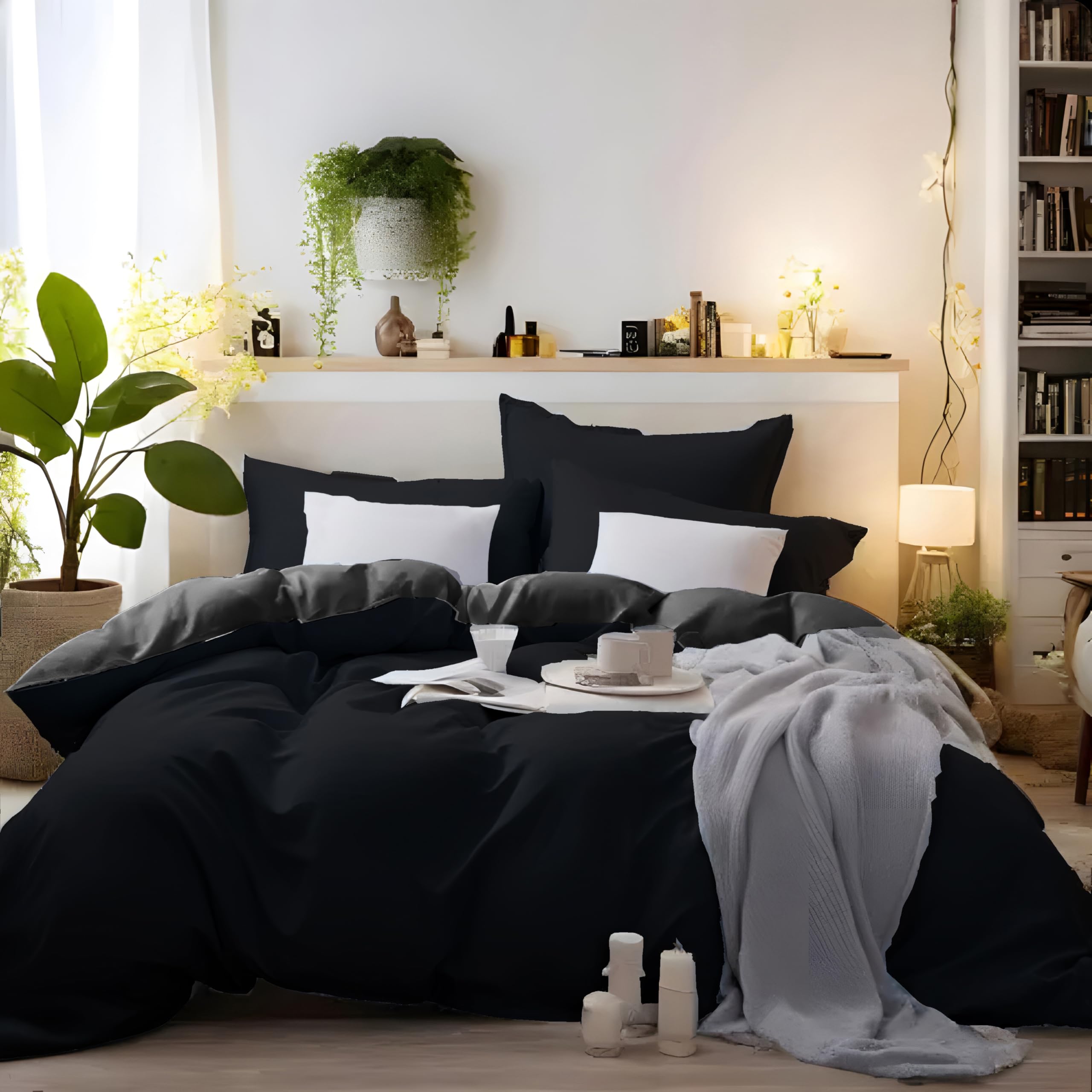 MOHAP Warm Bedding Double Duvet Cover Set Plain Brushed Microfiber Bedding 1 Duvet Cover with 2 Zippers and 2 Pillowcases Black and Grey