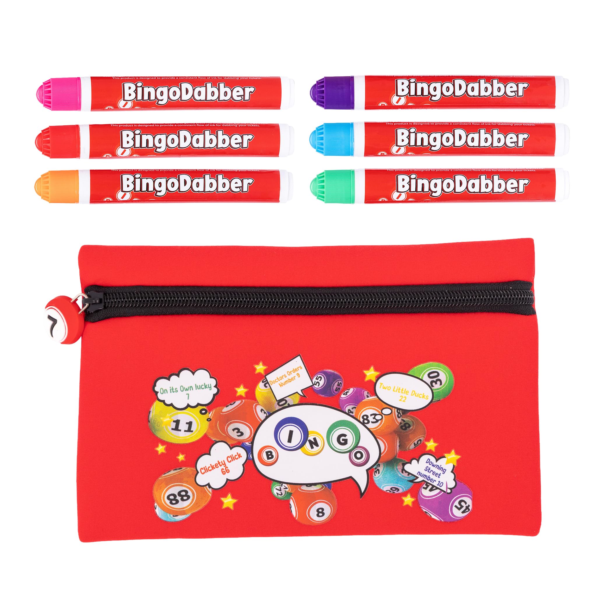 Bingo Dabber Case Holder Gift Set | Storage Bag + 6 Bingo Dabbers & Bingo Board | Non-Drip Marker Pens | Bingo Accessories for Home, Clubs & Events