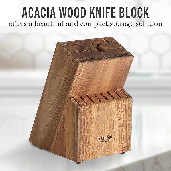 MARTHA STEWART KNIFE BLOCK SET 16-PIECE – LOCKTON HIGH CARBON STAINLESS STEEL FORGED FULL TANG CHEF KNIVES, ACACIA WOOD BLOCK, TRIPLE RIVETED HANDLES, LINEN WHITE & GOLD