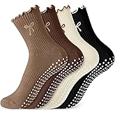 Jeyiour 4 Pairs Cute Pilates Grip Socks for Women, Ruffle Non Slip Crew Grippy Yoga Socks with Bow for Gym Ballet Barefoot