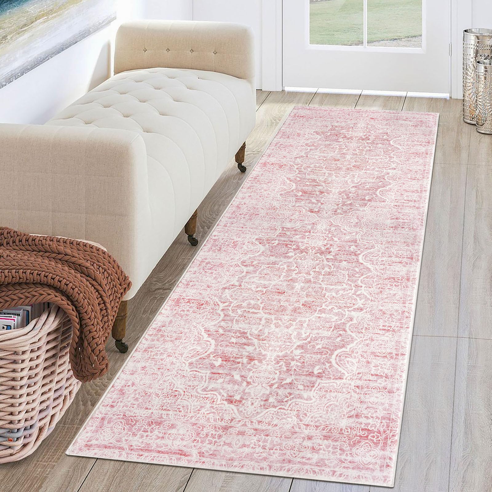 KUTA Vintage Washable Runner Rug, 2x6 Pink Runners for Hallways Non-Slip Floral Kitchen Rugs Ultra Soft Printed Distressed Floor Carpet for Laundry Bedroom Living Room Nursery Image