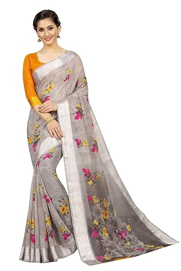 Womens Digital Linen Saree with Unstitched Blouse Piece (DiGiGrey)