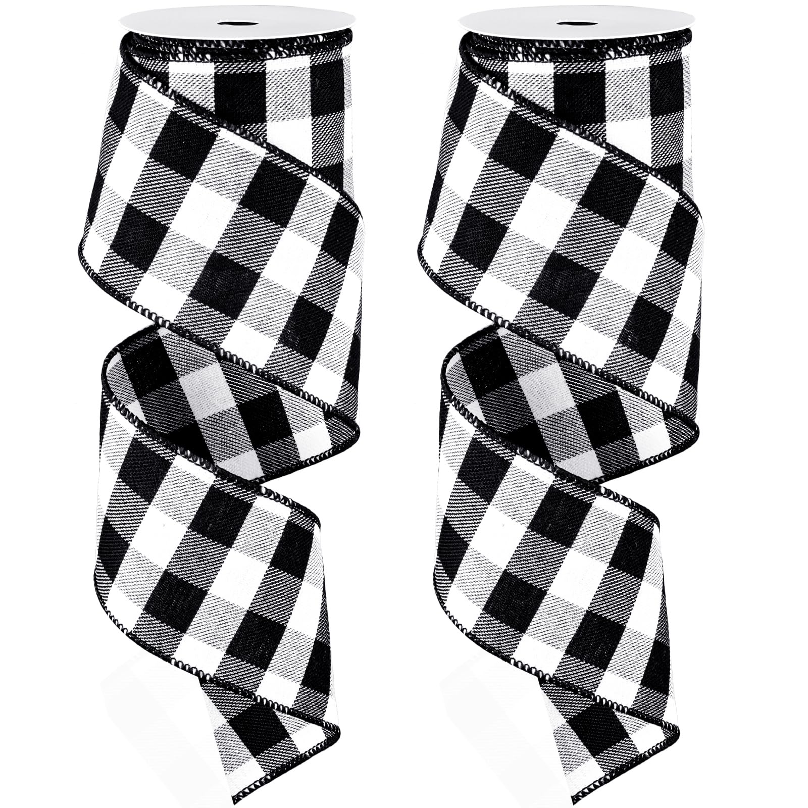 Waline 2 Rolls Wired Edge Plaid Ribbon - Buffalo Check, White Black Plaid, 2.5" Wide Farmhouse Craft Ribbon for DIY Gift Wrapping, Wreath, Xmas Tree Bow Decoration, 10 Yard