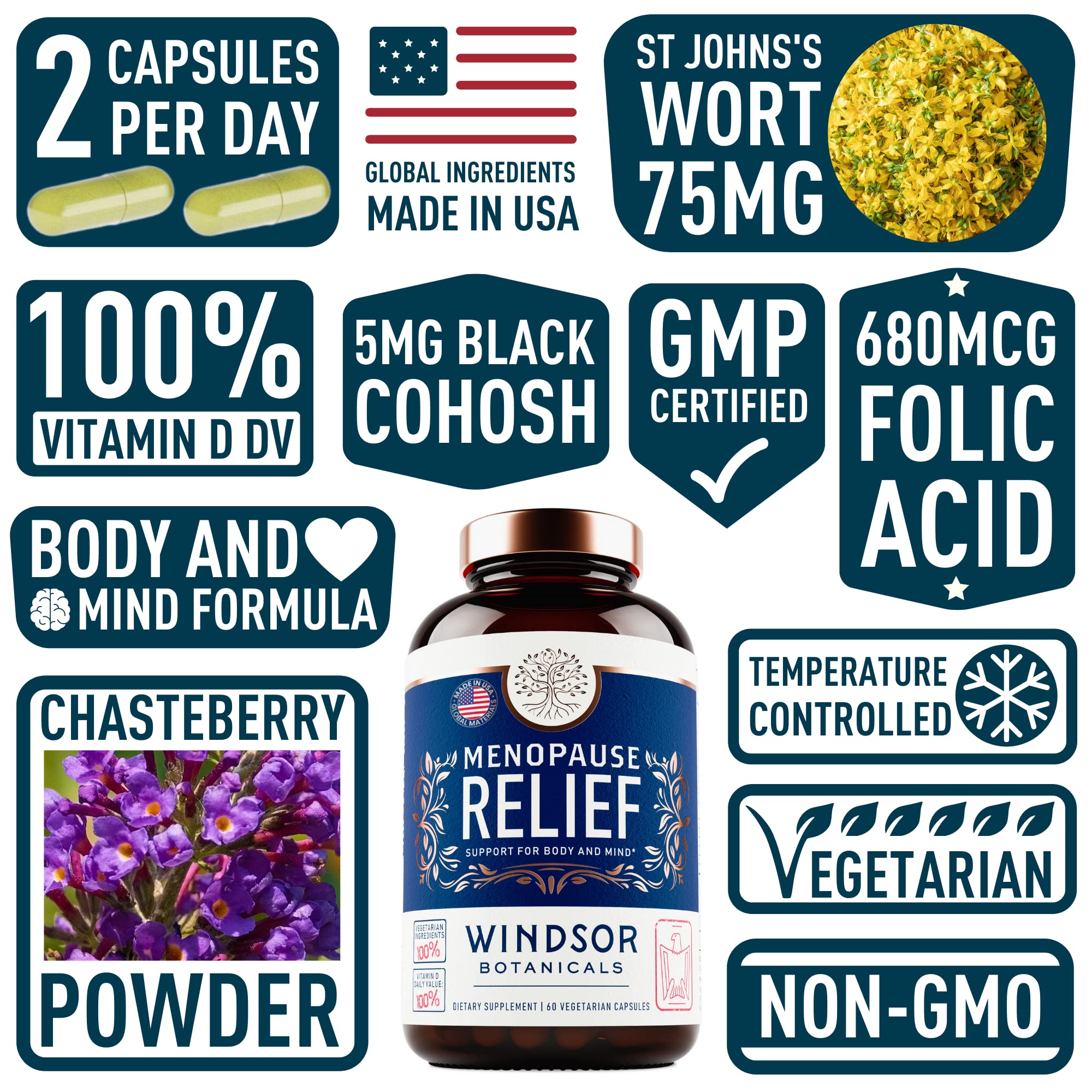 Menopause Supplements for Women - Windsor Botanicals Multivitamin with Chastebrry, Black Cohosh for Hot Flashes, Menopause Relief and Hormone Balance for Women - 60 Natural Progesterone Estrogen Pills