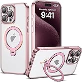 AmoraAqua Compatible with iPhone 15 Pro Max Case with 360° Spin Magnetic Ring Stand [Compatible with Mag-Safe] Full Camera Lens Protector Plating Clear Phone Case for iPhone 15 Pro Max 6.7", Pink