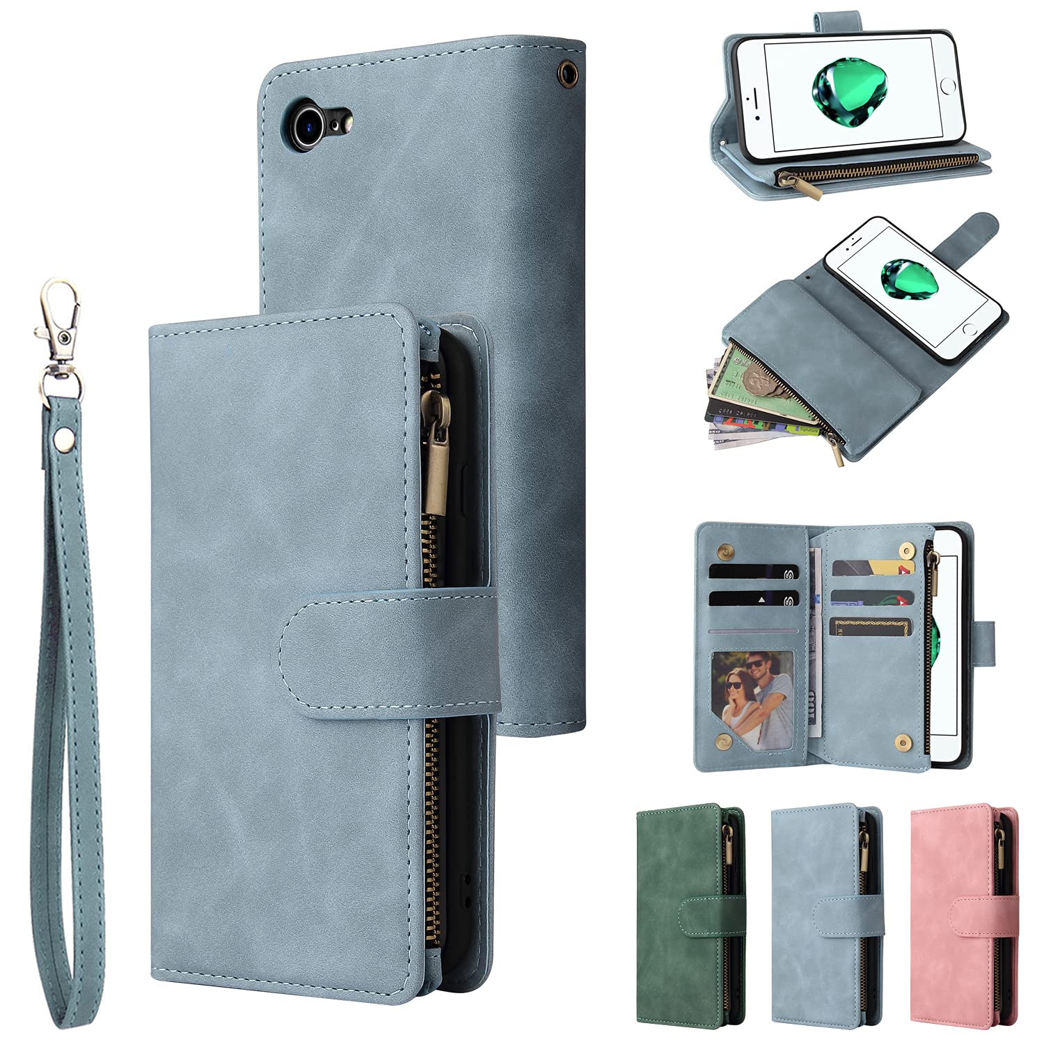 UEEBAI Wallet Case for iPhone 7/8/SE 2022 5G/SE 2020, Premium PU Leather Magnetic Handbag Zipper Case Kickstand Card Slots Wrist Strap Flip Cover for iPhone SE3/SE2 - Sky Blue — image 1