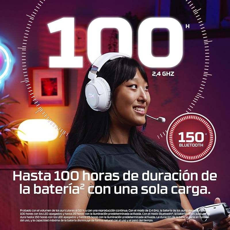 Cloud Flight 2 – Auscultadores de gaming sem fios, luzes RGB personalizáveis, bateria de 100 horas, dual wireless 2,4GHz e Bluetooth, emparelhamento instantâneo, PC/PS/Switch/Mobile, branco
