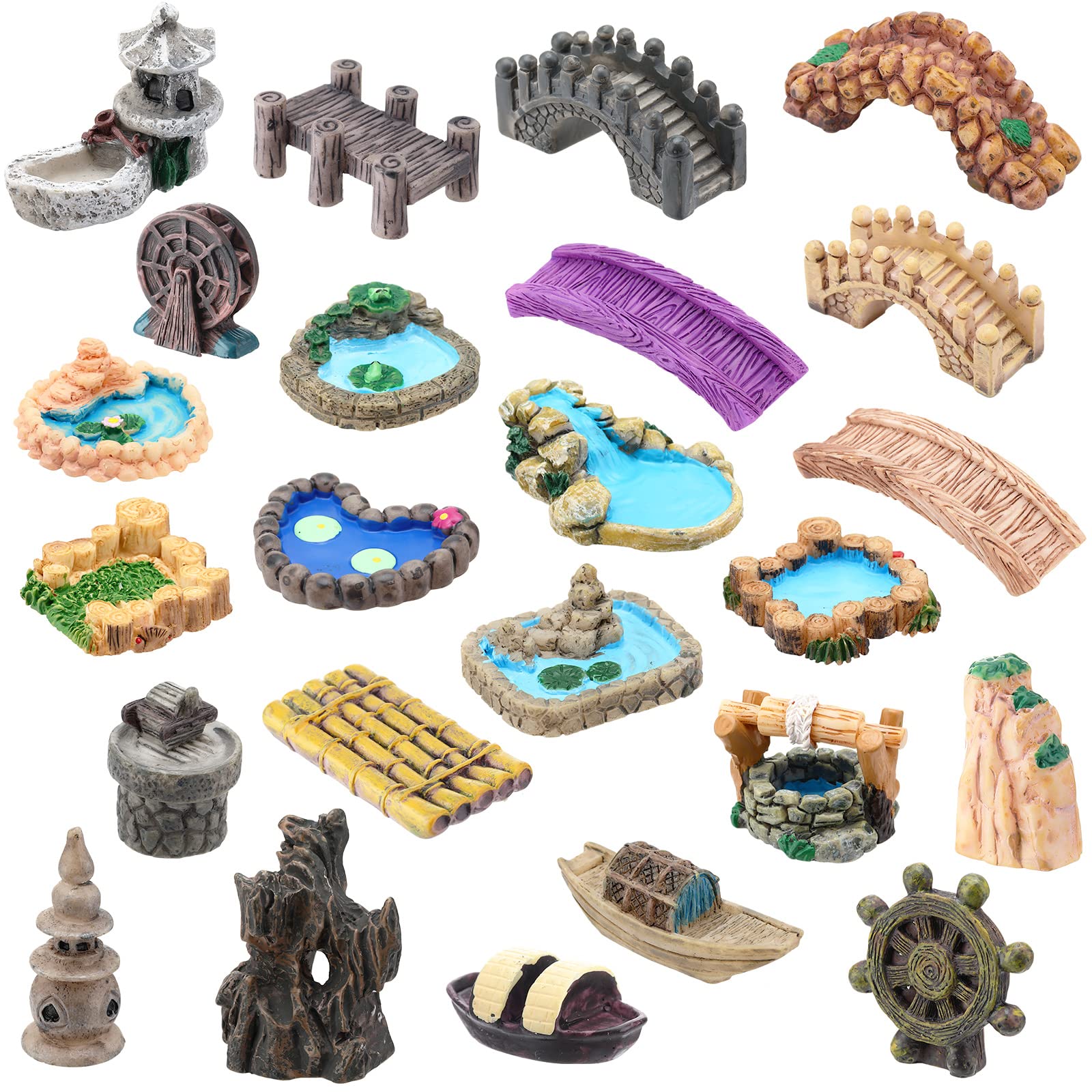 Photo 1 of Meooeck 24 Pcs Miniature Garden Accessories Mini Fairy Bridge Figurines Pond Garden Decor Micro Landscape Lighthouse Water Well Ornament for Yard DIY Craft Dollhouse