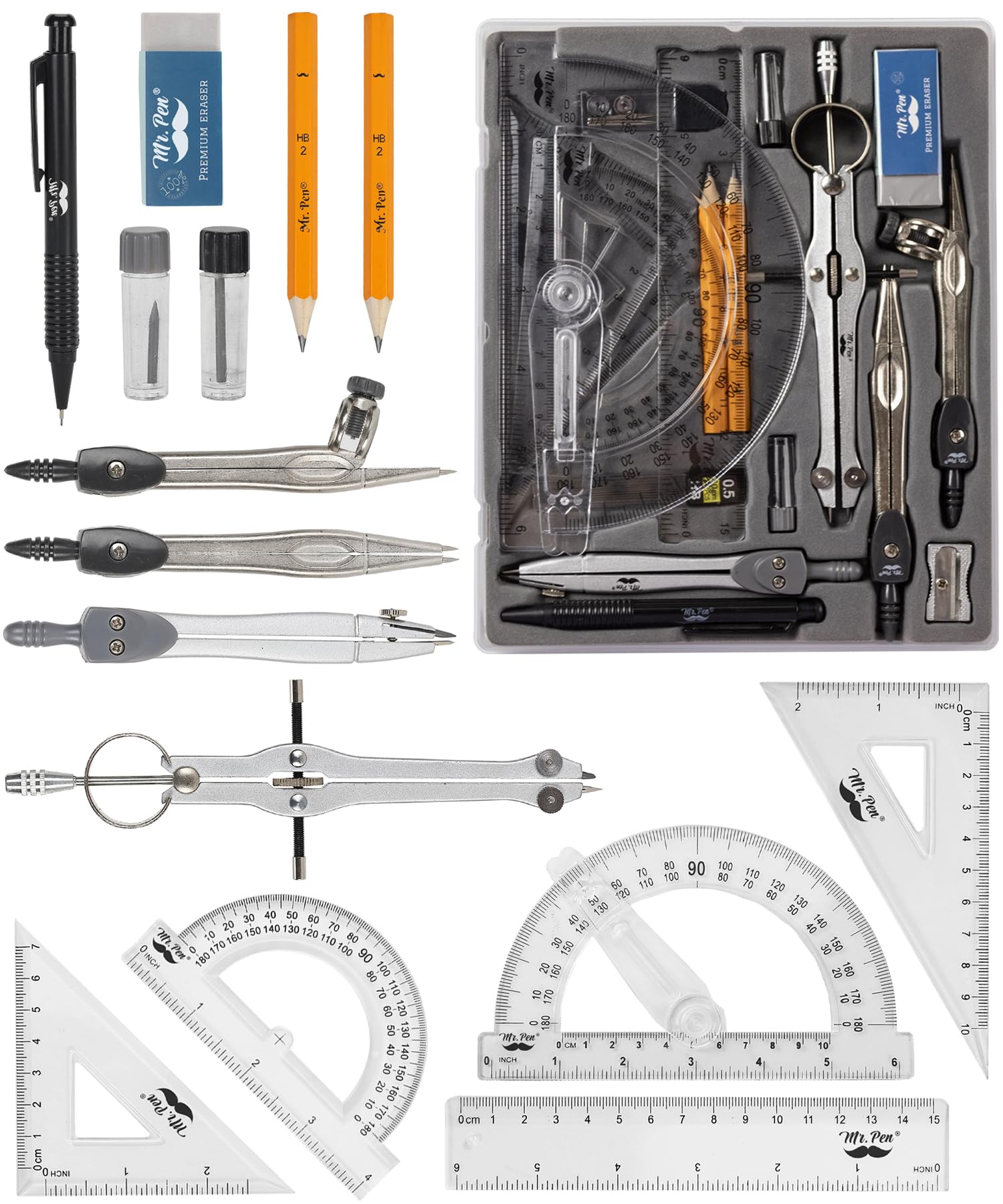 Photo 1 of Mr. Pen Geometry Set with 6 Inch Swing Arm Protractor, Divider, Set Squares, Ruler, Compasses and Protractor, 15 Piece Set, Back to School Supplies