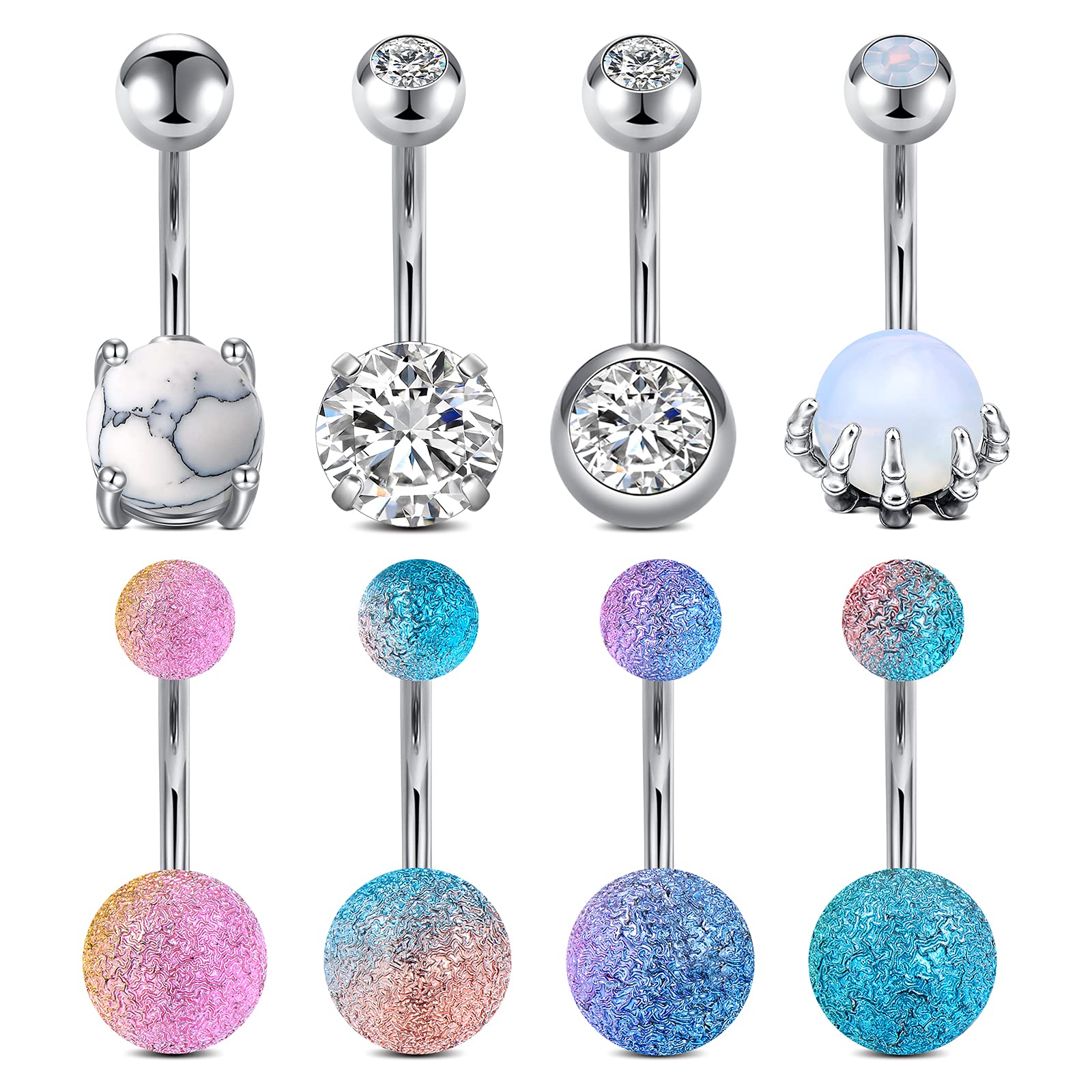D.Bella 14G Stainless Steel Belly Bar - 8 Pcs Belly Rings with Skull Design