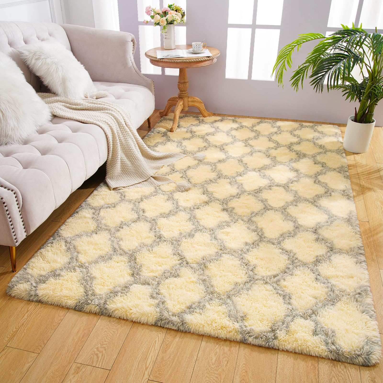 Photo 1 of 5x8 Feet Soft Plush Shaggy Rug for Bedroom,Yellow and Grey Modern Geometric Area Rugs for Living Room, Apartment, Girls Boys Room Fluffy Indoor Floor Carpet for Dorm Cozy Home Decor