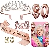 80th Birthday Decorations for Her - 5pcs Gifts Including 80th Tiara Crown, Sash, Cake Toppers, Balloons, Birthday Candles, 80 Birthday Gifts for Women