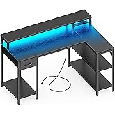 SUPERJARE 47 inch L Shaped Gaming Desk with LED Lights & Power Outlets, Reversible Computer Desk with Shelves & Monitor Stand, Corner Desk with Drawer, for Home & Office, Black