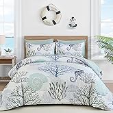 WONGS BEDDING Comforter Set Queen,Coastal Beach Theme Bedding Set, 7 Pieces Ocean Nautical Seaweed & Starfish Bed in a Bag for All Season(90"×90")