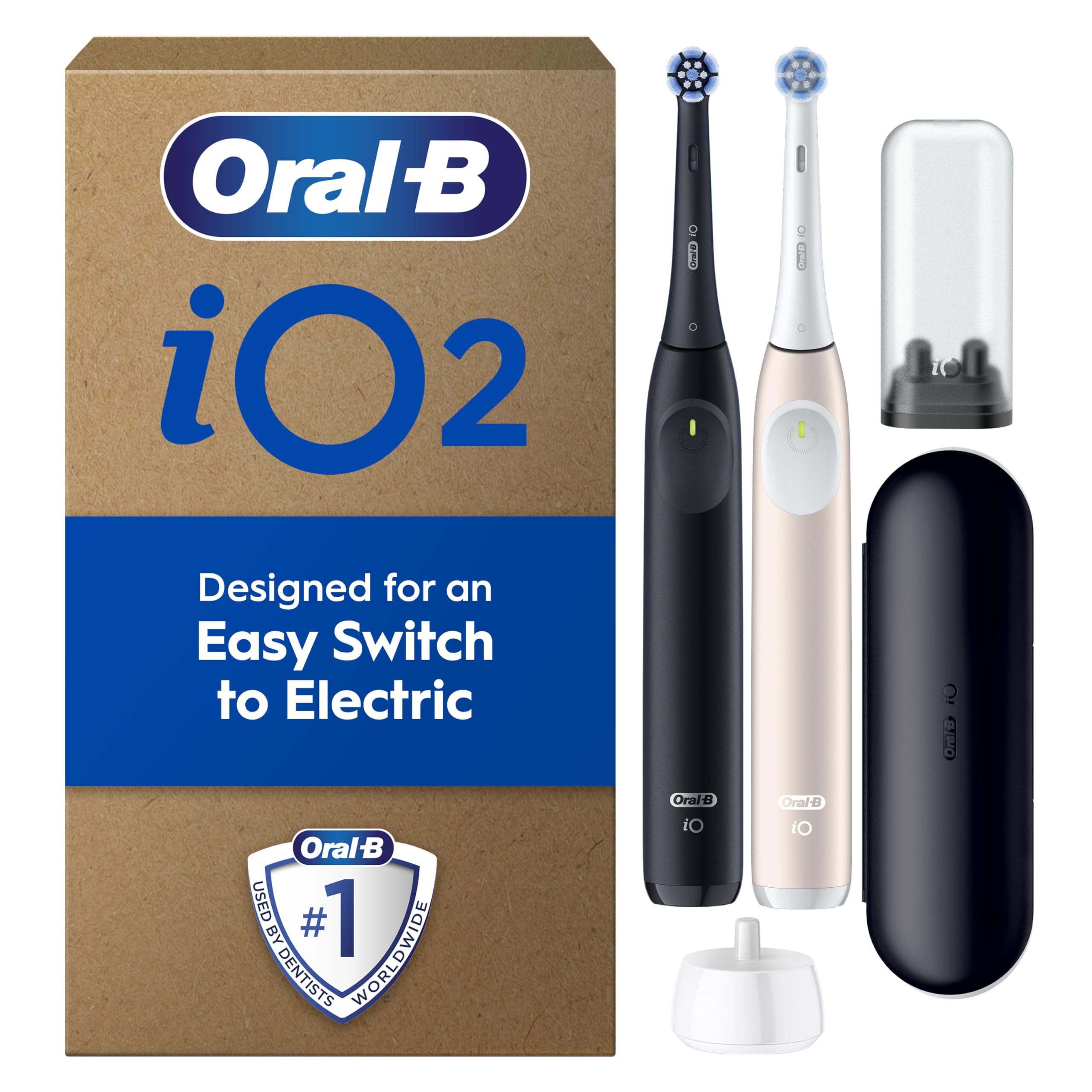Oral-B iO2 Duo Electric Toothbrushes, 2 Gentle Care Toothbrush Heads, 1 Travel Case, 1 Travel Refill Holder, Oral B Toothbrush Adults (Night Black and Calm Pink), Designed by Braun, 2 Pin UK Plug