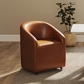 QUINJAY Modern Barrel Dining Chair with Rolling Casters, Upholstered PU Leather Swivel Dining Room Chair with Wheels for Kitchen Living Room Home Office, Brown