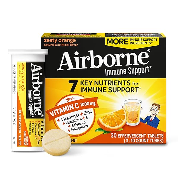 AIRBORNE 1000MG VITAMIN C WITH VITAMIN D & ZINC, SUGAR FREE MULTIVITAMIN IMMUNE SUPPORT SUPPLEMENT, ANTIOXIDANTS VITAMINS A C & VITAMIN E, 30 EFFERVESCENT TABLETS, ZESTY ORANGE FLAVOR