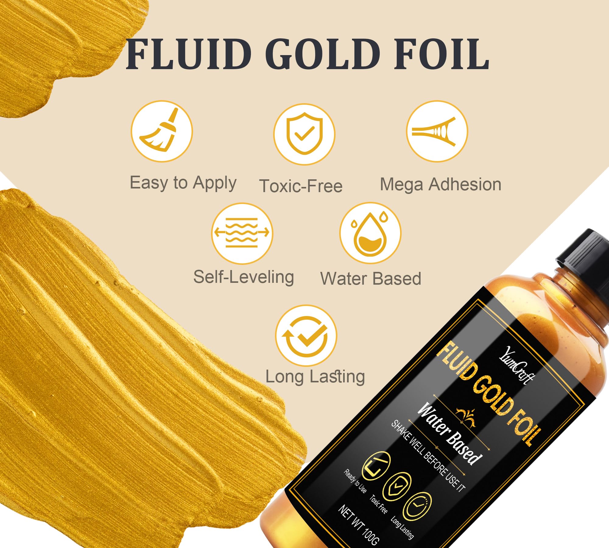 Liquid Gold Leaf Paint, Acrylic Paint Metallic Gold 100ml and Gloss Varnish 100ml, Shiny Rich Gold Liquid Gilding for Art Painting, Ideal for Craft Canvas Fabric, Non Fading, Non Toxic, Water-Based