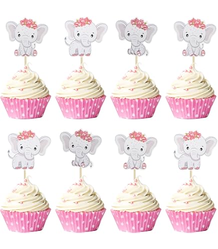 24 Pack Elephant Cupcake Toppers - Gender Reveal Baby Shower Decorations (Pink) - View #4