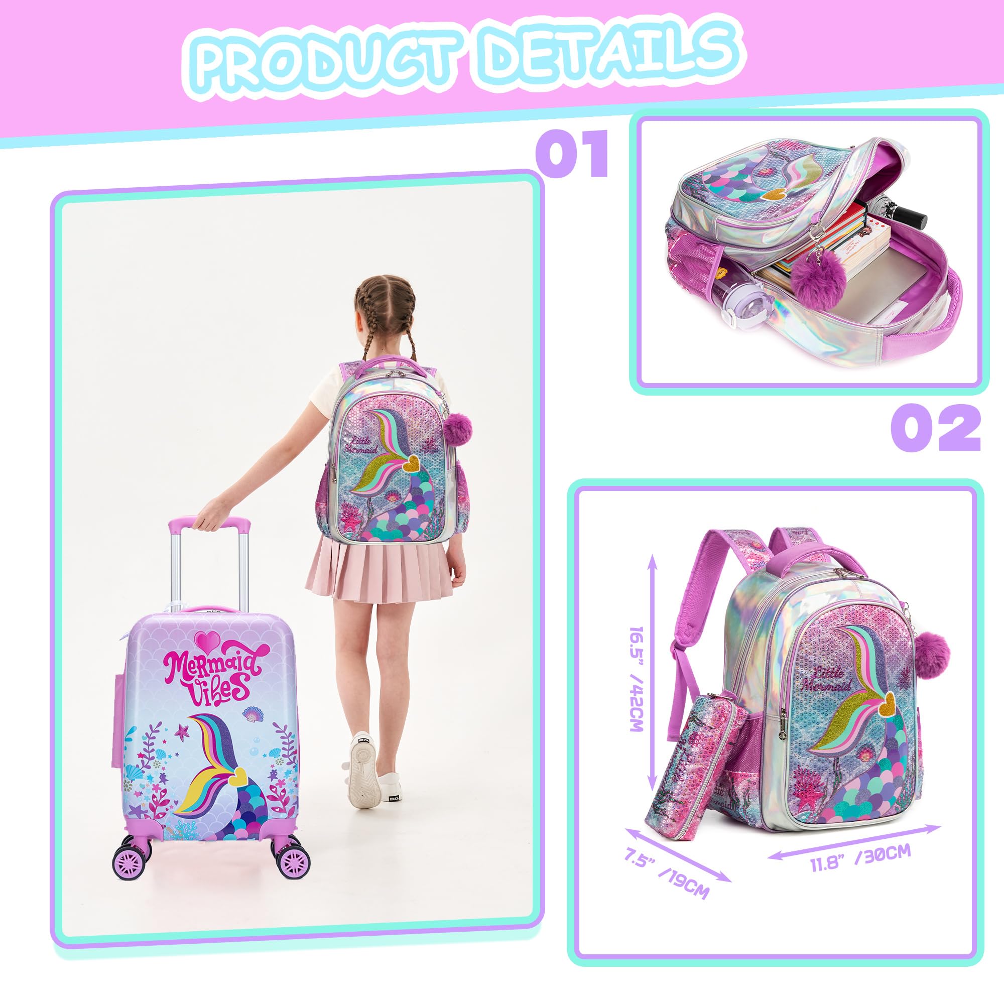 Inprof Cute Pink Mermaid Kid’s Luggage Set 5 Piece Suitcase Set 16’’ Hardside Luggage with Spinner Wheels Girls Boys Carry on Toddler Luggage Travel Rolling Luggage Carry on Luggage Airline Approved