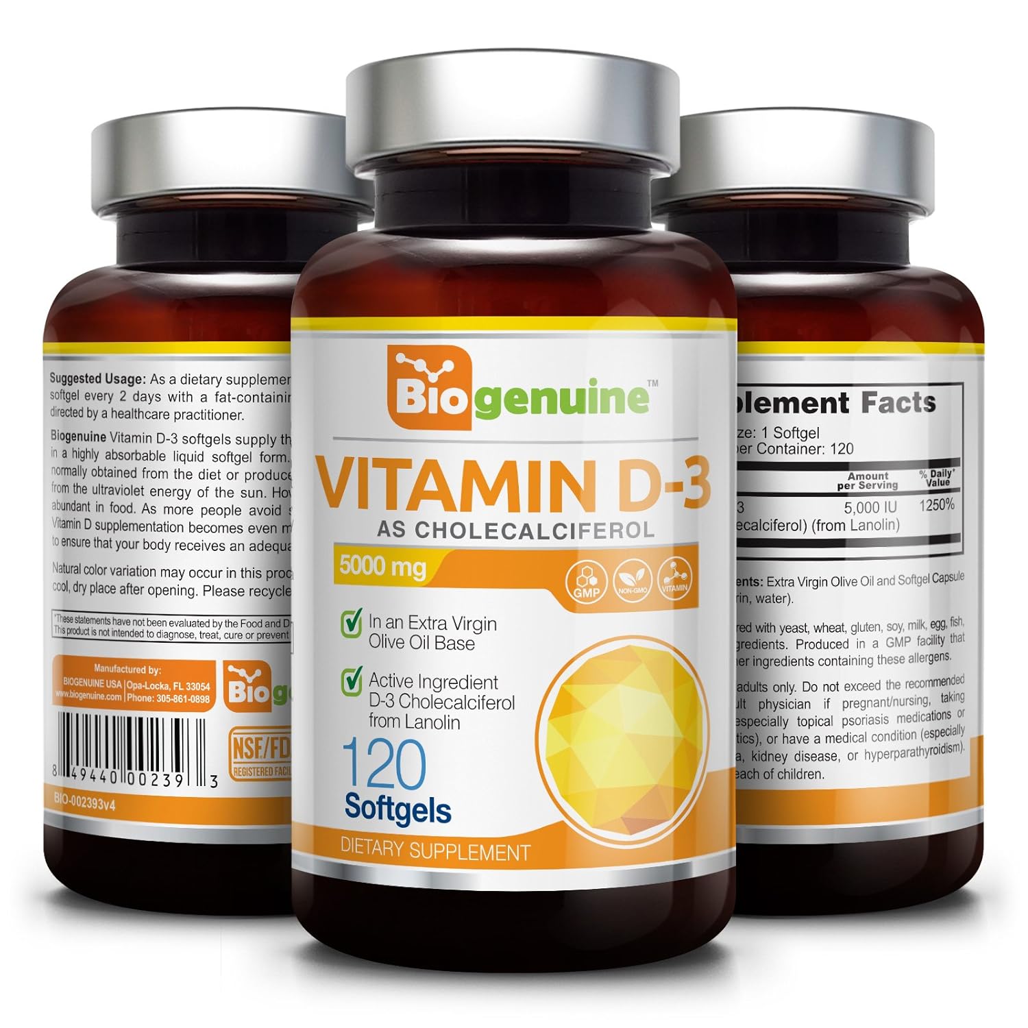 Vitamin D3 5000 IU 120 Softgels HighPotency NonGMO SoyFree