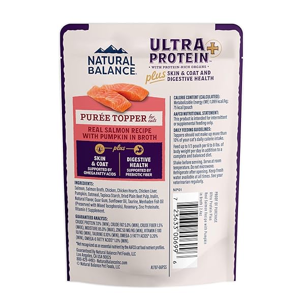 NATURAL BALANCE ULTRA PROTEIN PLUS WET CAT FOOD, SKIN & COAT AND DIGESTIVE HEALTH REAL SALMON WITH PUMPKIN PUREE TOPPER WITH CHICKEN LIVER & CHICKEN HEART, HIGH PROTEIN CAT FOOD – 2.4 OZ. (PACK OF 24)