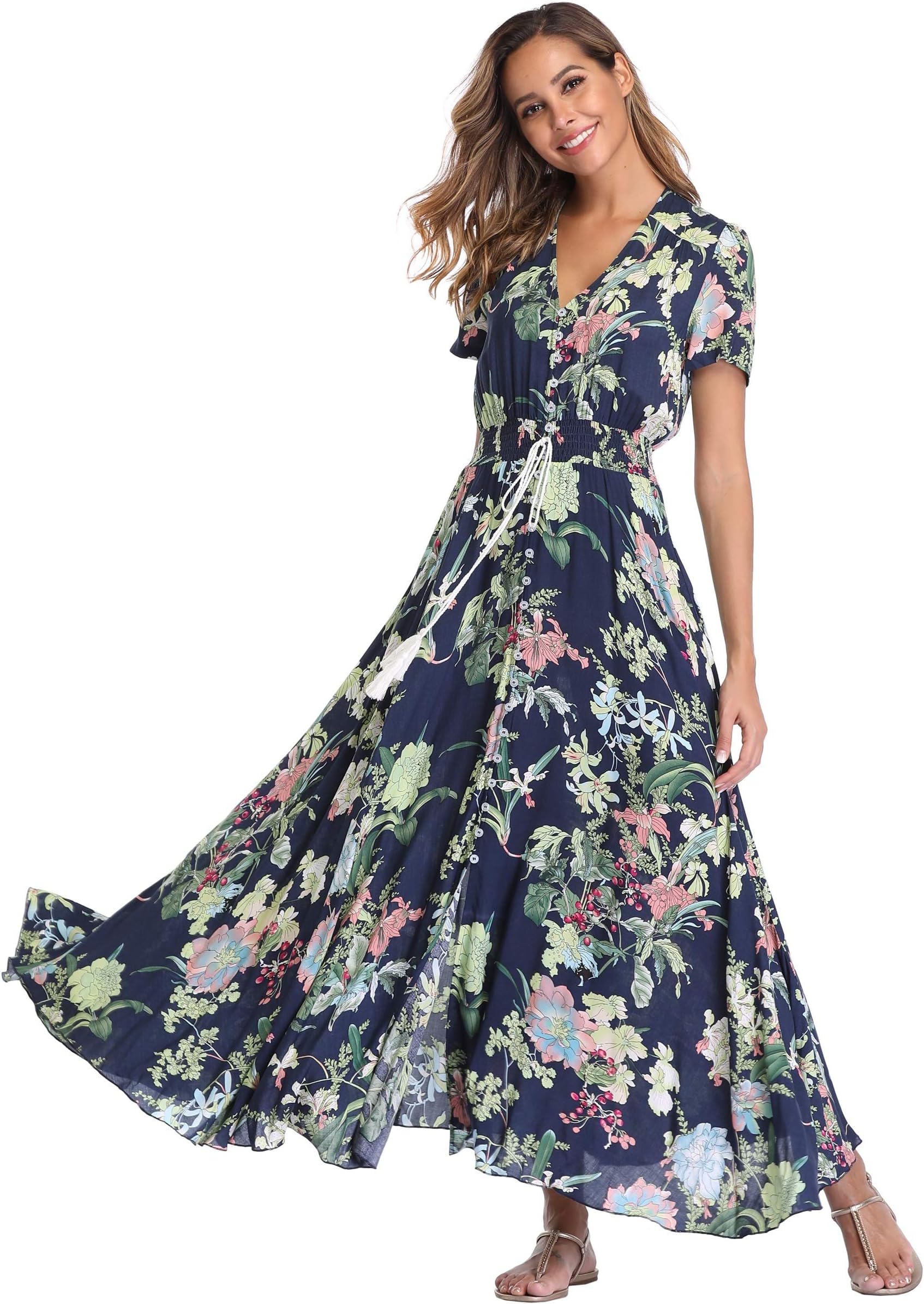 VintageClothingWomen's Floral Print Maxi Dresses Boho Button Up Split Beach Party Dress