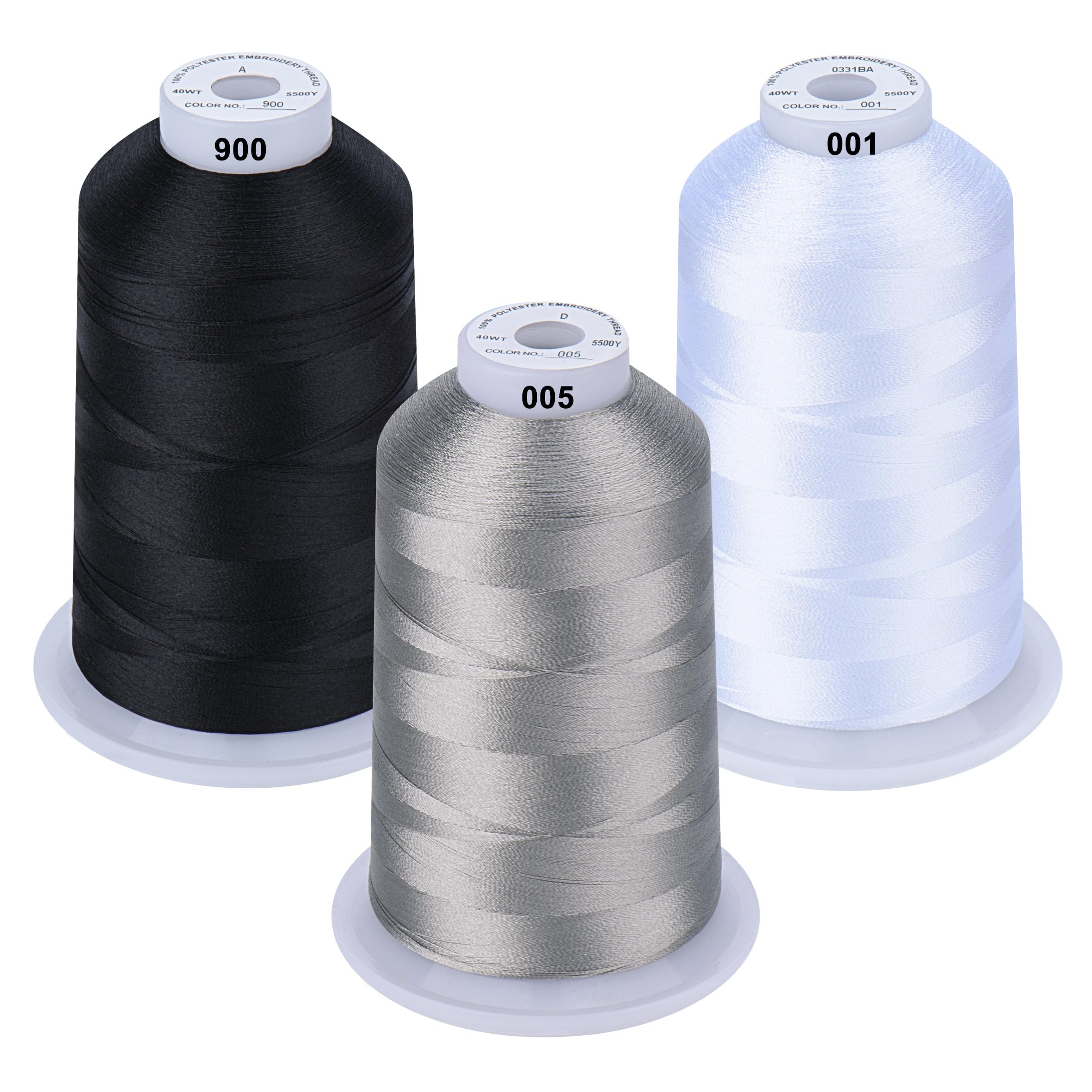 Simthread 5,000 m Machine Embroidery Thread Spools Set, Polyester Embroidery Thread, Classic Colours - White, Black and Grey for Brother, Babylock, Janome, Kenmore, Singer, W6 N Embroidery Machine