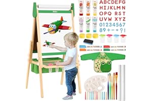 Belleur Kids Art Easel - Compact Pine 3-in-1 Adjustable Magnetic Whiteboard & Chalkboard, 2 Paper Rolls & Deluxe Accessories, Green, Ages 2-8
