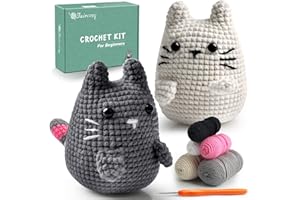 Faircosy Crochet Kit for Beginners Crocheting: Crochet Animal Kits for Kids & Adults - Learn to Knitting Cat Amigurumi Starter Kit with Detailed Tutorial Video and Instructions (White-Grey