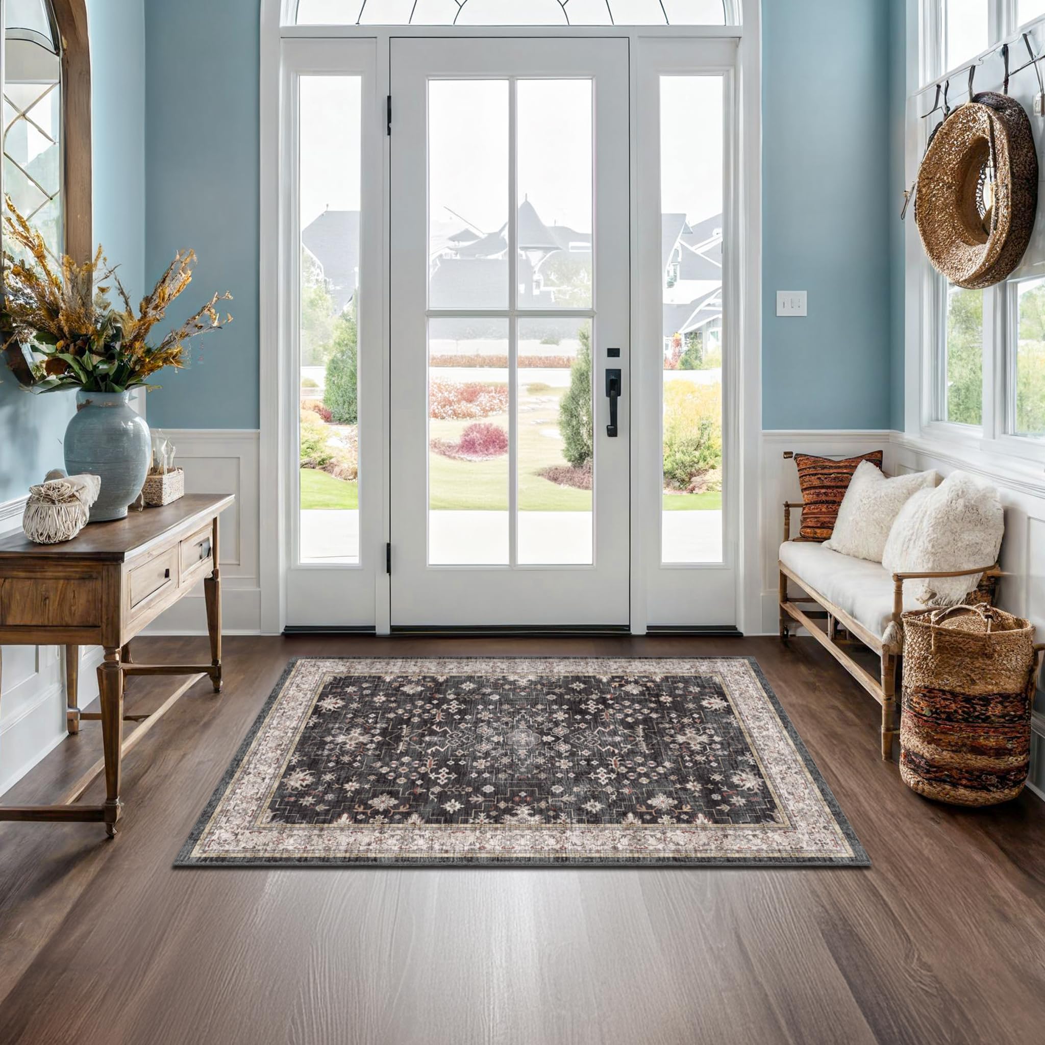 Photo 1 of ***2 RUGS *** Black Boho Washable Entry Rug, 3x4 Rugs for Entryway Kitchen Bathroom Door Mat Indoor Entrance, Non Slip Rubber Backing, Stain & Fade Resistant, Ashen Charcoal Floral Design